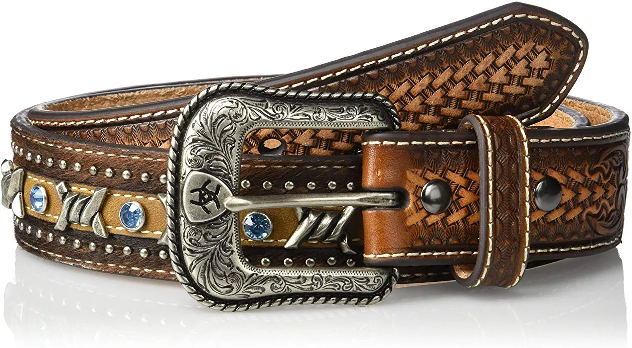 MF Western Ariat Mens Brown Barbed Wire and Calf Hair with Light Blue Studs Western Belt Style A1027202